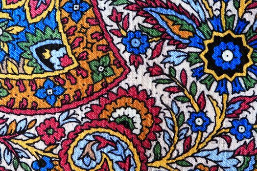 Bright cloth background. Closeup of traditional Russian fabric