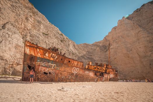 Close up of Ship Wreck beach at the Navagio beach. The most famous natural landmark of Zakynthos, Greek island.