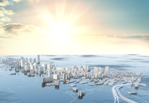 3D illustration. Futuristic City in sunny day. Sky background