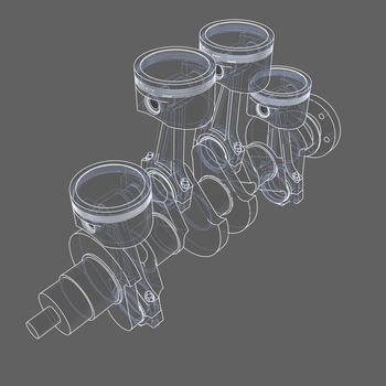 Engine pistons outline. 3D illustration. White lines and grey background