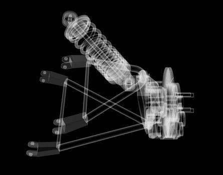 X-ray Car suspension and brake disk on black background, 3d illustration