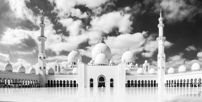Sheikh Zayed Grand Mosque in Abu Dhabi, the capital city of United Arab Emirates. Artistic black and white photo.