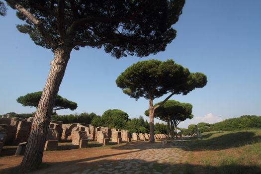 Rome, Italy - August 25, 2019: The archaeological site of Ostia Antica