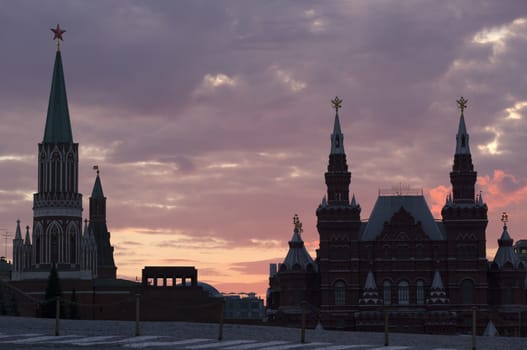 Red Square in Moscow, Russia on against dramatic sunset sky