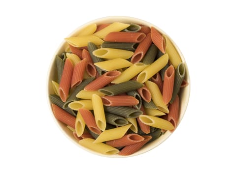 Tri-color penne pasta. Tomato, spinach and wheat pastas. Top view.