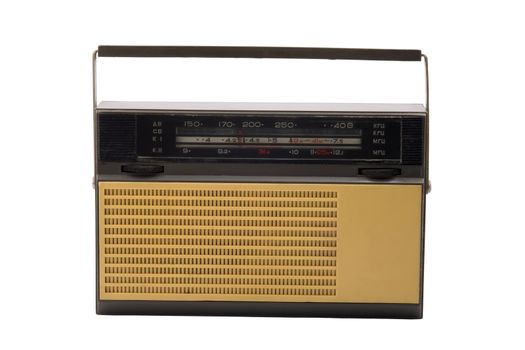 Old-fashioned transistor radio receiver, isolated on white background.