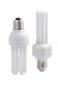 Two modern energy saving light bulbs, isolated on white background.