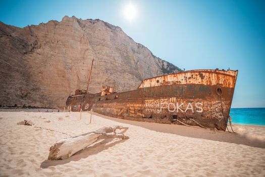 Close up of Ship Wreck beach at the Navagio beach. The most famous natural landmark of Zakynthos, Greek island.