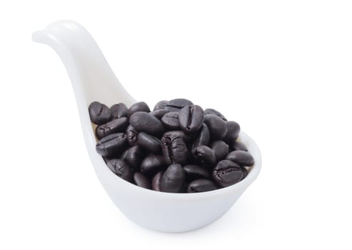 Isolated of coffee beans in ceramic spoon over white background, clipping path.