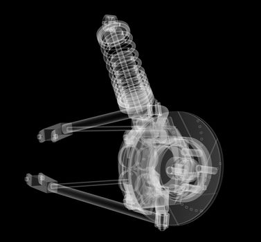 X-ray Car suspension and brake disk on black background, 3d illustration