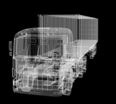 X-ray of heavy truck with semi-trailer on black background. 3D illustration