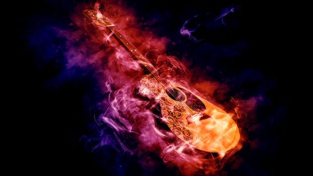 Acoustic classical guitar in smoke on black background - 3d rendering