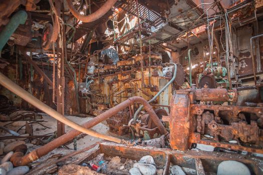 Close-up of an old rotten ship engine