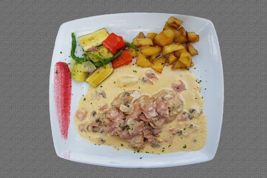 Meat tenderloin medallions with campionssouse and fried potatoes