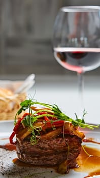 Delicious beef steak with vegetables. Shallow dof