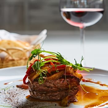 Delicious beef steak with vegetables. Shallow dof