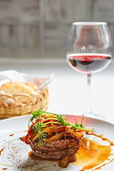 Delicious beef steak with vegetables. Shallow dof