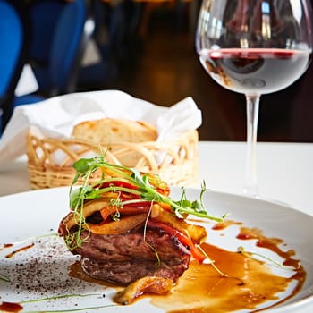 Delicious beef steak with vegetables. Shallow dof