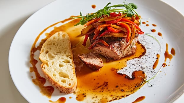 Delicious beef steak with vegetables. Shallow dof