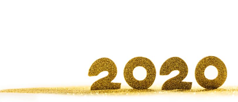 2020 New Year luxury design concept. Golden 2020 New Year horizontal template with golden glitter isolated on white backgound