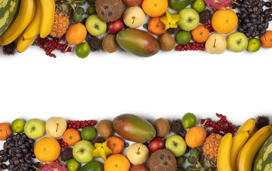 Fresh tropical fruits harvest border frame isolated on white background with copy space for text