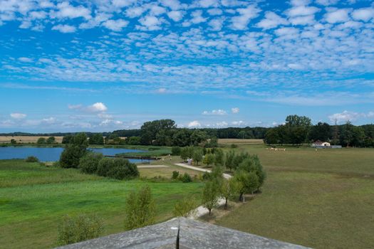 Panoramic view of the swimming, fishing and nature area Eixen lake. Shot from the lookout tower