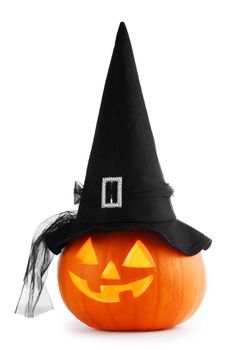 Jack O Lantern Halloween pumpkin with witches hat isolated on white background