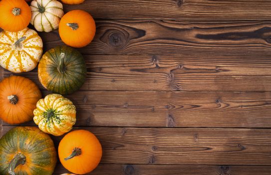 Many orange pumpkins on dark wooden background, Halloween concept, top view with copy space