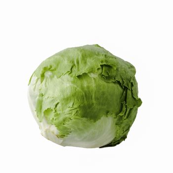 Close-up view a fresh green iceberg lettuce salad isolated on white background. Organic food background with copyspace.