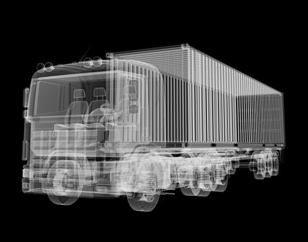 X-ray of heavy truck with semi-trailer on black background. 3D illustration