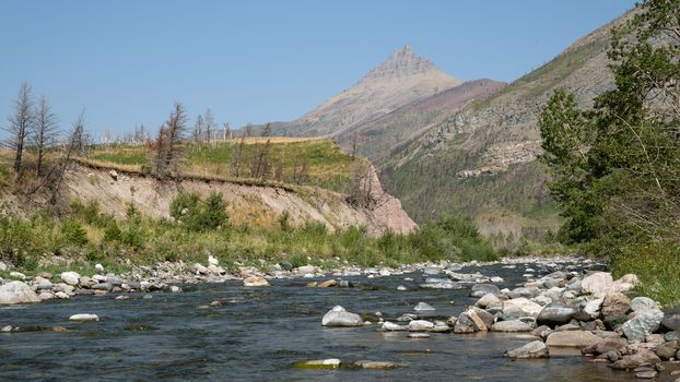 Waterton lake, Landscape of the Waterton Lakes National Park with blue sky, Alberta, Canada