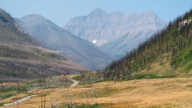 Waterton lake, Landscape of the Waterton Lakes National Park with blue sky, Alberta, Canada