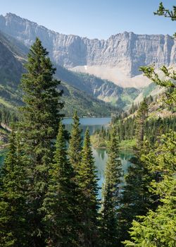 Bertha lake, Landscape of the Waterton Lakes National Park with blue sky, Alberta, Canada