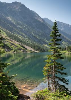 Bertha lake, Landscape of the Waterton Lakes National Park with blue sky, Alberta, Canada