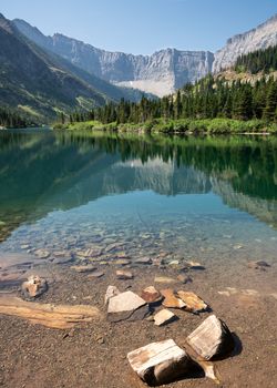 Bertha lake, Landscape of the Waterton Lakes National Park with blue sky, Alberta, Canada