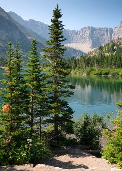 Bertha lake, Landscape of the Waterton Lakes National Park with blue sky, Alberta, Canada