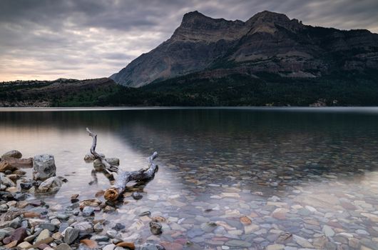 Panoramic image of the Waterton Lake at sunrise, Waterton Lakes National Park, Alberta, Canada