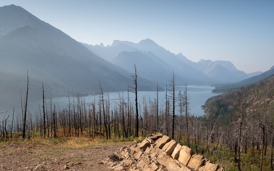 Waterton lake, Landscape of the Waterton Lakes National Park with blue sky, Alberta, Canada