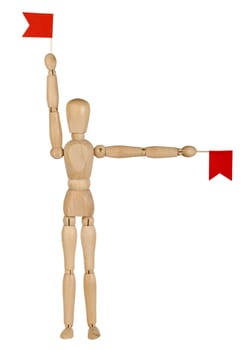 wooden toy man with red flags in their hands, the signalman