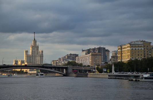 Russia  Moscow  Center City  View on River,  Bridge and Buildings of Different Stile.