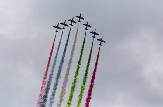 Aerobatic team making loopings in the air. Russia, Moscow Airshow in July 2017