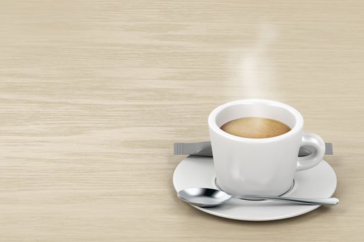 Hot espresso on the wooden table