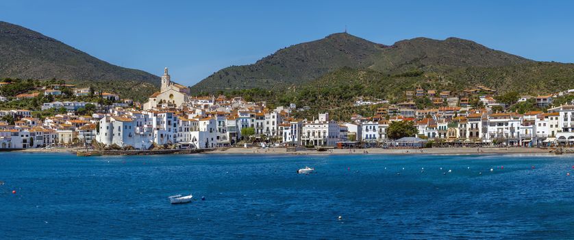 Panoramic view of Cadaques from sea, Catalonia, Spain