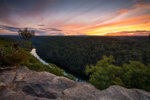 Nepean River and Nepean Gorge at a fiery vivid sunset