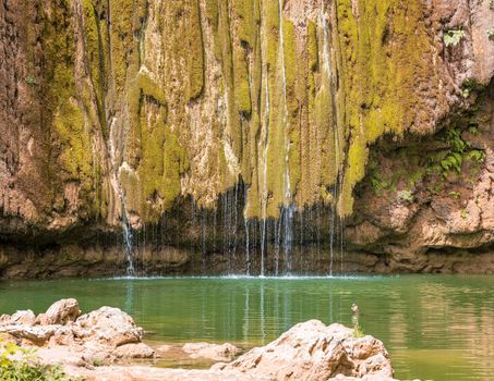 Beautiful close up view of El Limon tropical waterfall with lots of moss and steaming water, front view of the final part of the waterfall located in the Dominican Republic of the Samaná peninsula.