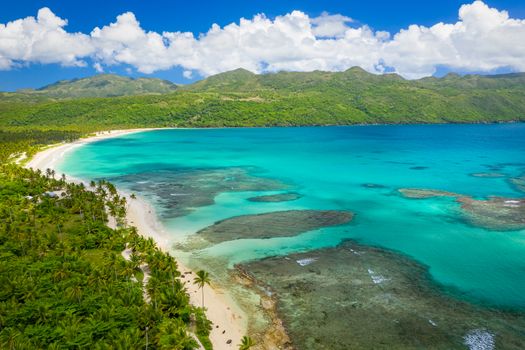 Aerial photography of wonderful tropical panorama of Rincon bay.Samana peninsula,Rincon beach,Dominican Republic.