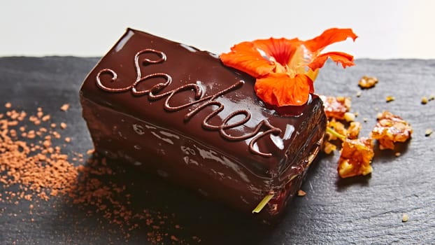 A piece of Sacher cake. Shallow dof