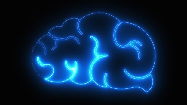 Computer generated icon of the human brain with neon light running through the meanders. 3d rendering