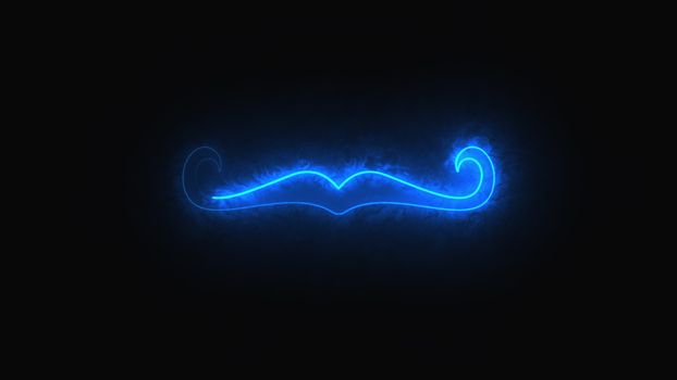 Computer generated abstract background with neon light draws a mustache shape. 3D rendering mustache icon of luminous shiny lines