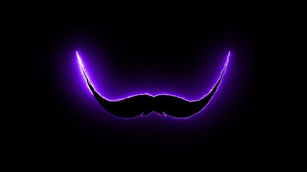 Computer generated abstract background with neon light draws a mustache shape. 3D rendering mustache icon of luminous shiny lines